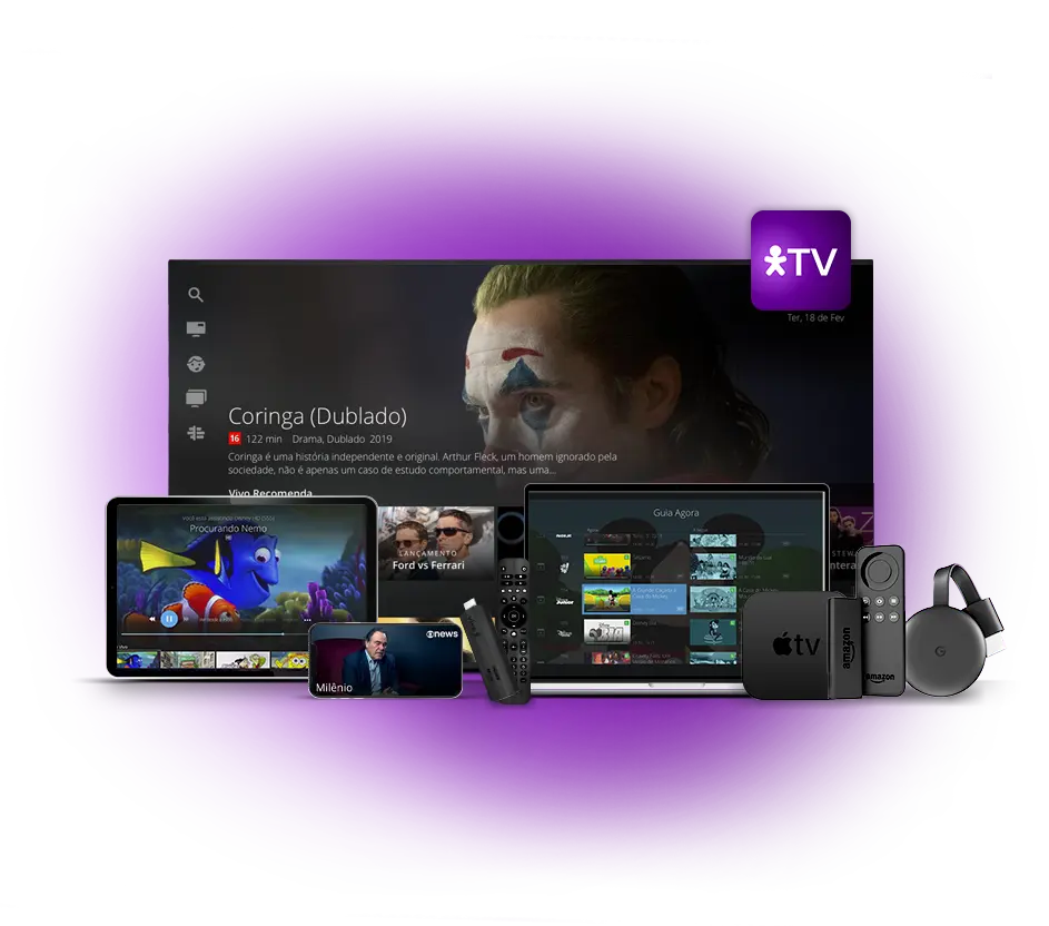 Composição de dispositivos diversos como televisão, tablet, smartphone e notebook.