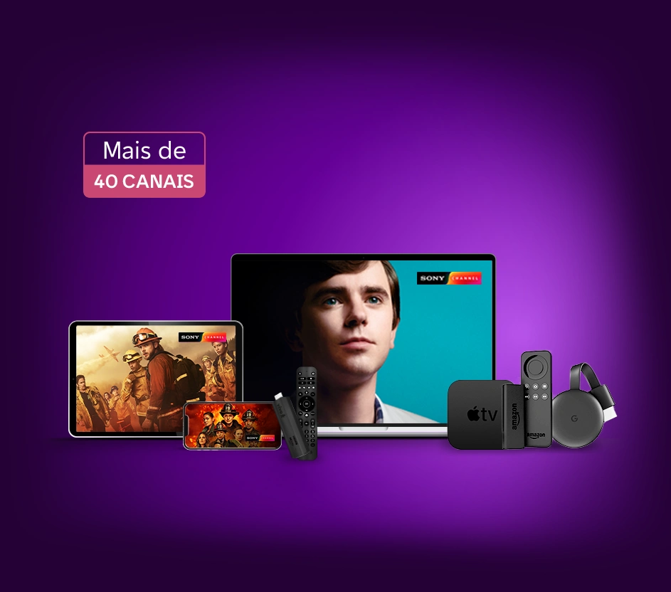Imagem com vários dispositivos com a programação Vivo TV na tela.