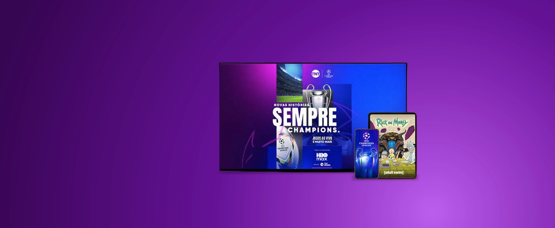 Composição de imagem com uma TV, um tablet e celular com programações diferentes nas telas.