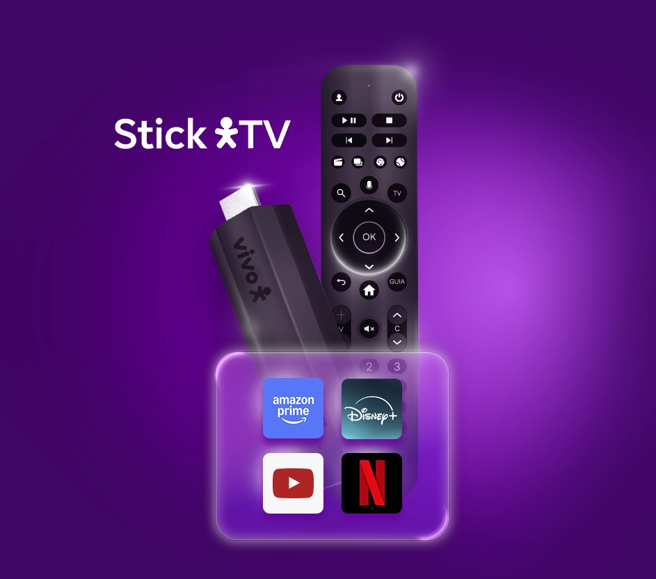 Aparelho Stick Vivo TV com os logos de Amazon Prime, Disney+, Youtube e Netflix.