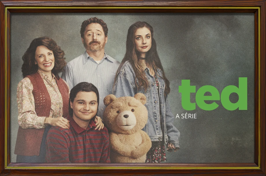 Imagem promocional da capa da série Ted a série com os personagens principais.