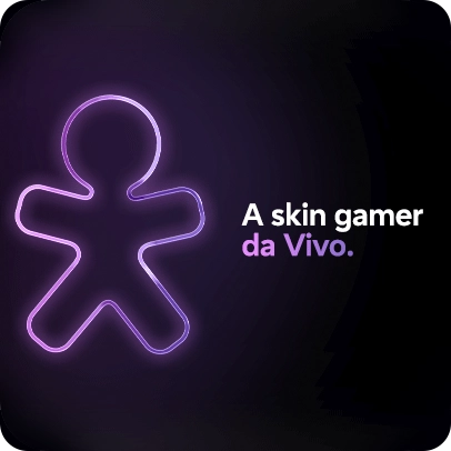 Ícone da Vivo em neon com fundo escuro e texto “A skin gamer da Vivo”.