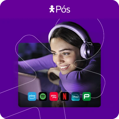 Imagem de mulher com fone de ouvido olhando para o celular e alguns logos de apps abaixo