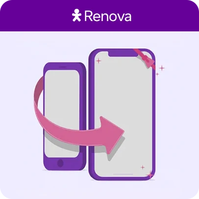 Ilustração com fundo púrpura e dois celulares se conectando com uma seta de renovação em cima