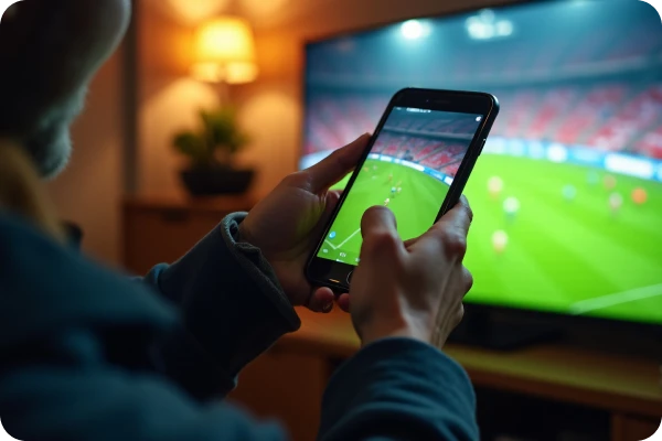 Pessoa segura celular diante da TV exibindo partida esportiva em tela maior.