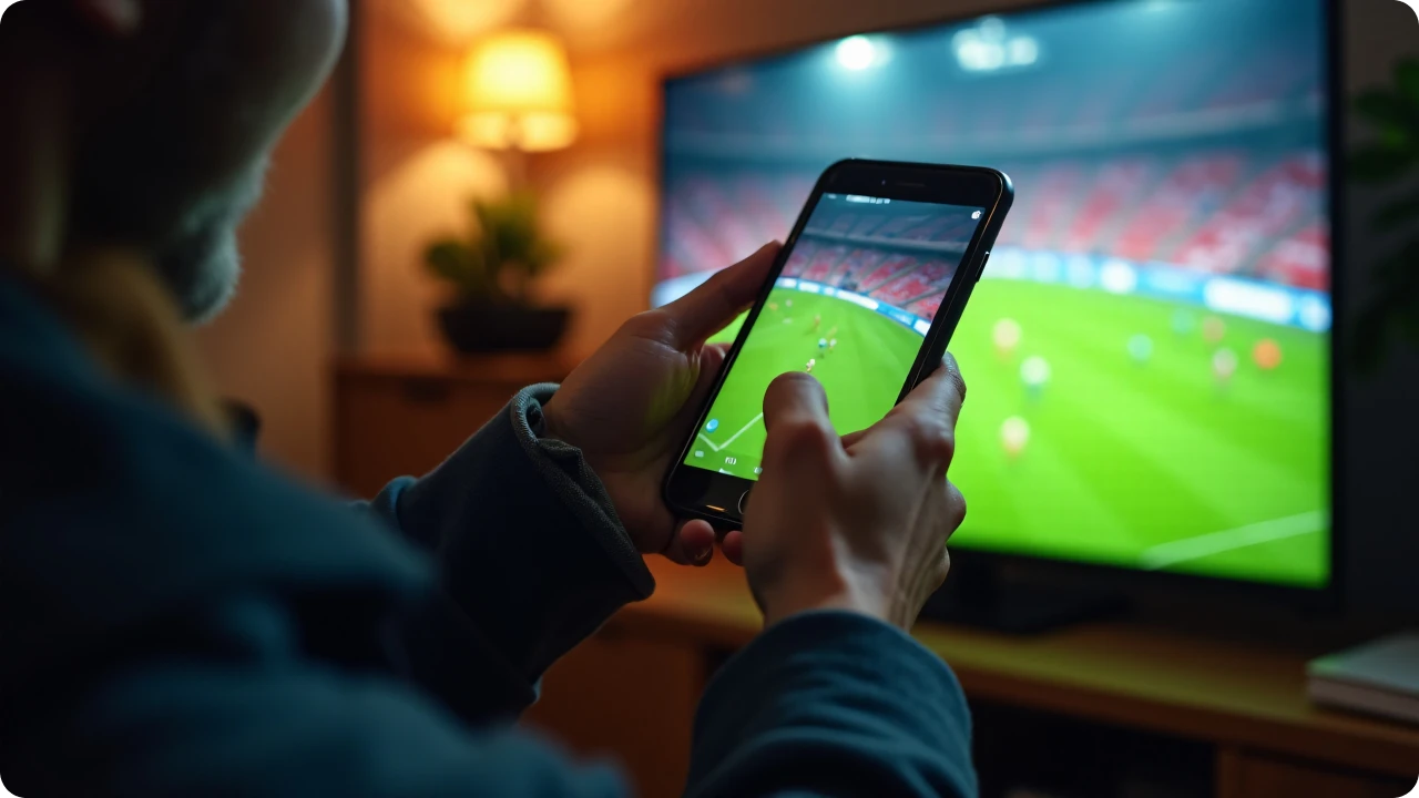 Smartphone exibe partida esportiva reproduzida em televisão.