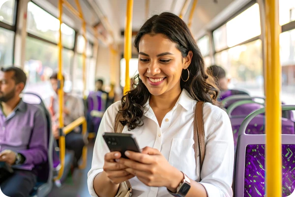 Pessoa utiliza smartphone durante deslocamento em transporte coletivo.