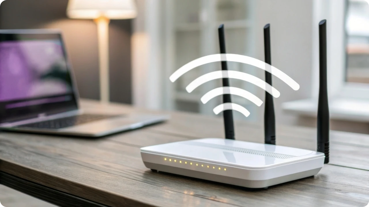 Roteador Wi‑Fi sobre mesa com notebook ao fundo representando internet residencial.