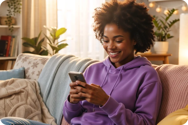Pessoa utiliza smartphone sentada em sofá em ambiente residencial.