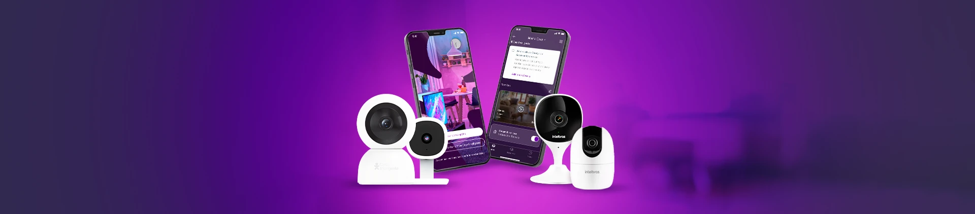 Imagem da câmeras inteligentes, dois celulares atrás e o QRcode