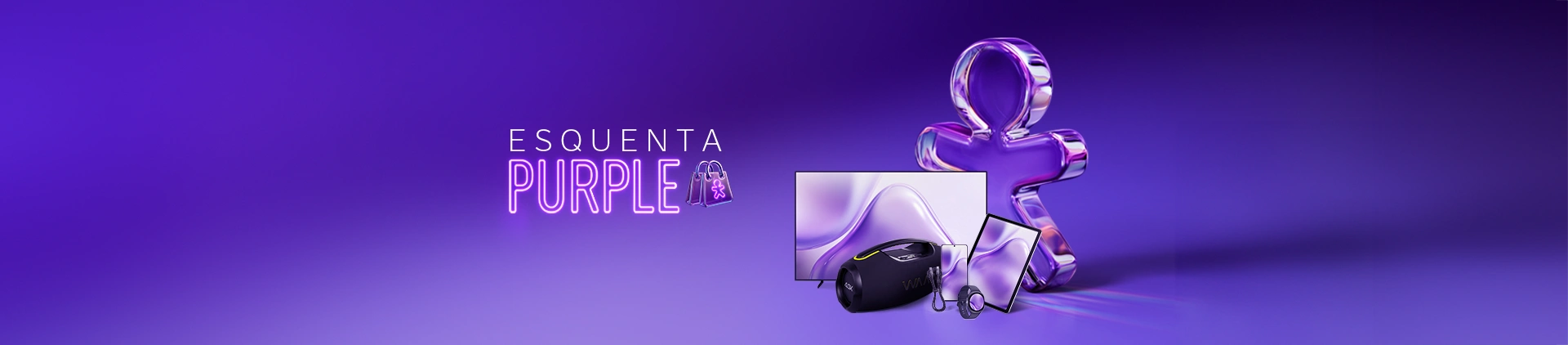 Imagens de produtos variados com selo escrito "Esquenta Purple" e Vivinho.