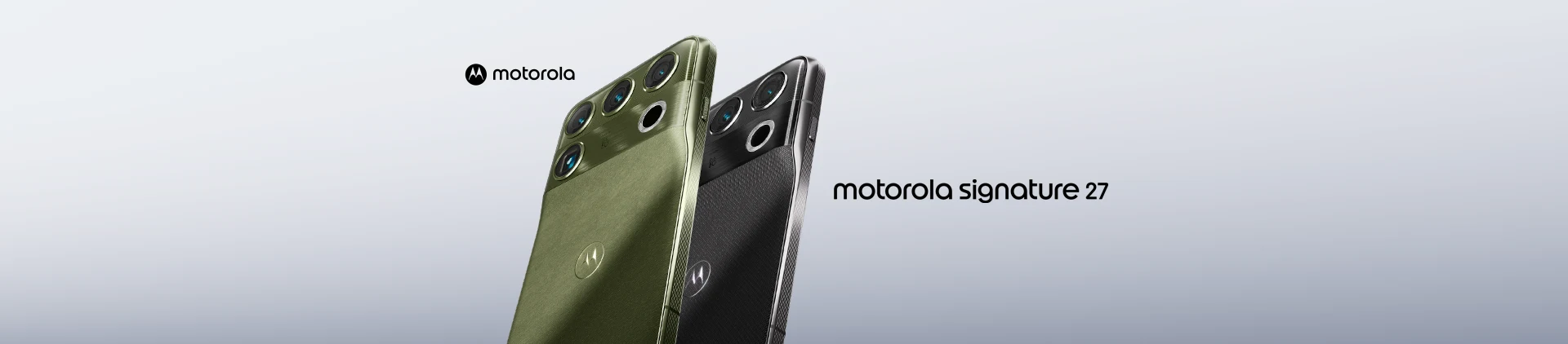 Banner com dois smartphones Motorola Signature 27 nas cores verde e preta.