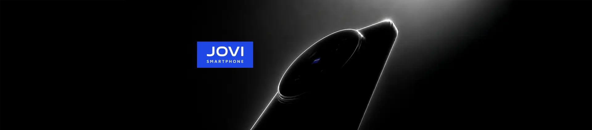 Fundo preto e o novo modelo de celular Jovi na frente. Logo Jovi.