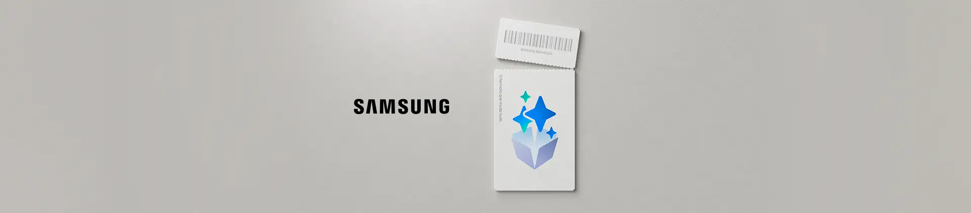 Ticket sendo rasgado com um desenho de uma caixa com estrelas saindo em um fundo cinza claro.