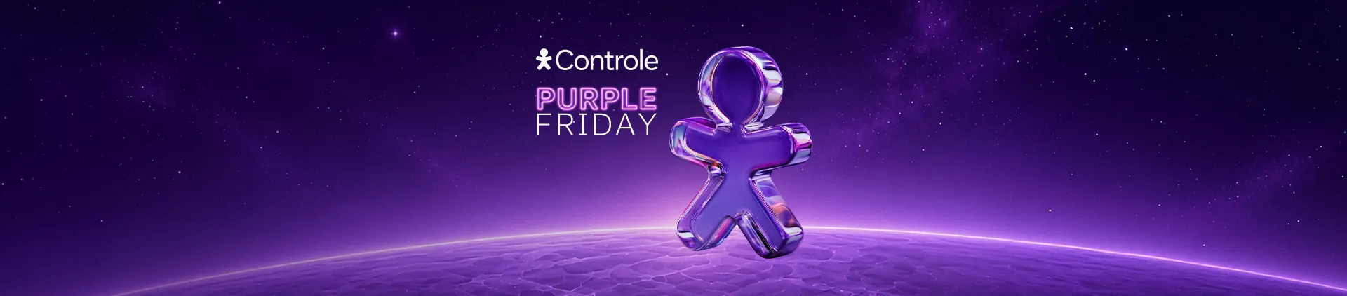 Banner Controle Purple Friday com personagem Vivo sobre fundo espacial roxo.
