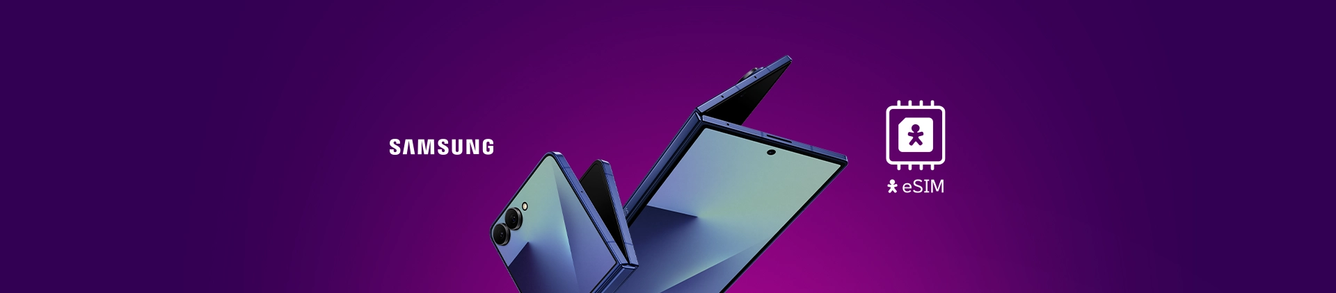 Imagem do Samsung Galaxy Z Flip e Z Fold 7 com logo do eSIM Vivo e Samsung do lado.