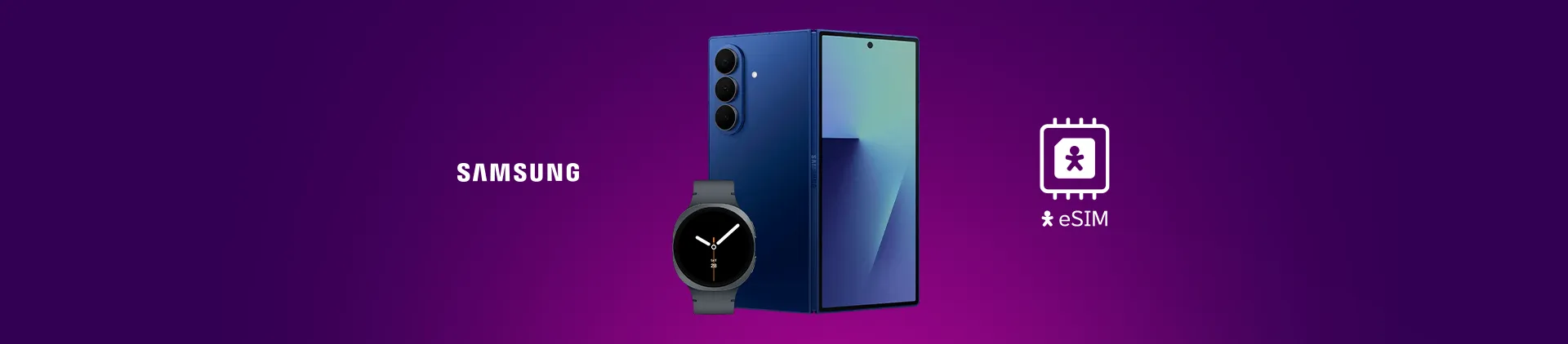 Foto de um smartwatch e smartphone da Samsung.