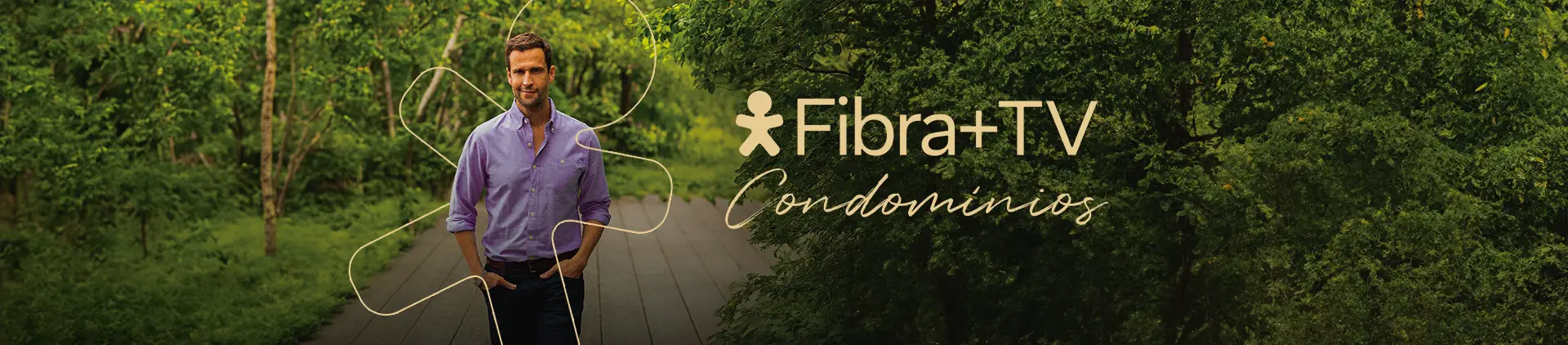 Imagem de homem em um lugar arborizado, vivinho ao seu redor, ao lado logo Vivo Fibra + TV