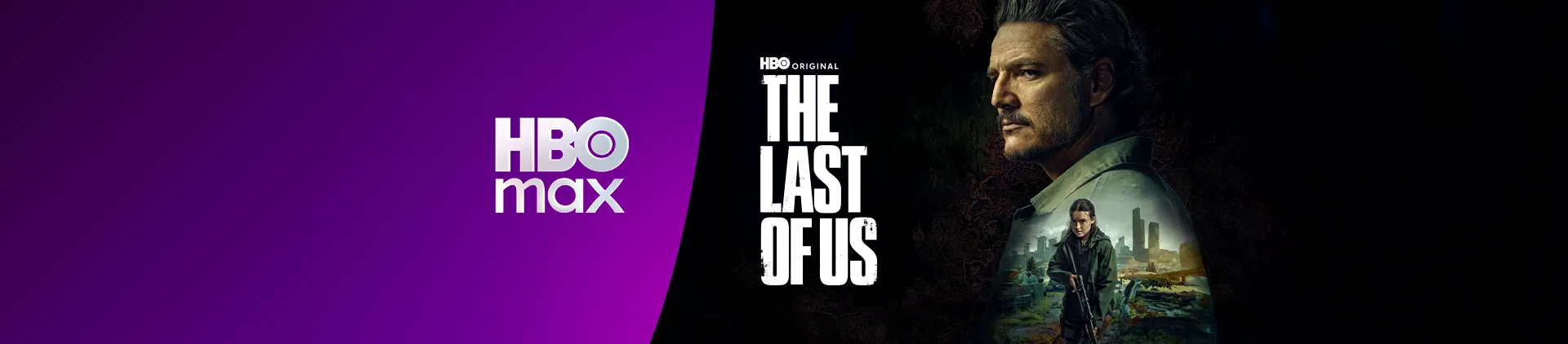 Homem barbudo em ambiente sombrio. Logo da série The Last of Us e HBO Max à esquerda.