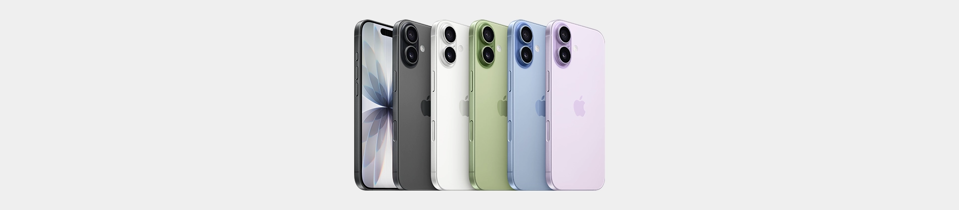 Imagem com fundo cinza e celular Apple modelo iPhone 17 em diversas cores, lado a lado.