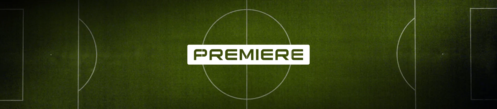 Logotipo do Premiere centralizado sobre campo de futebol visto de cima.