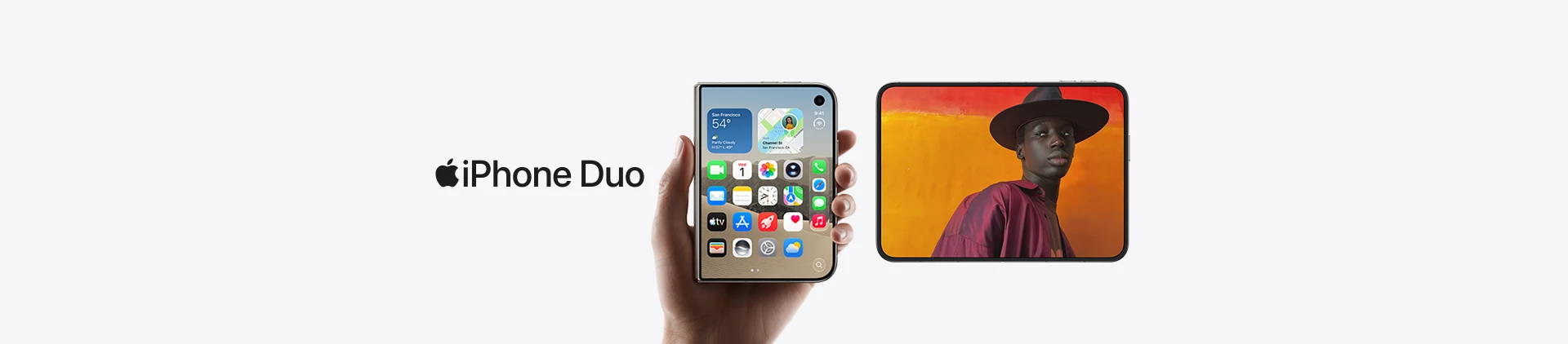 Banner com dois smartphones exibindo o conceito iPhone Duo.