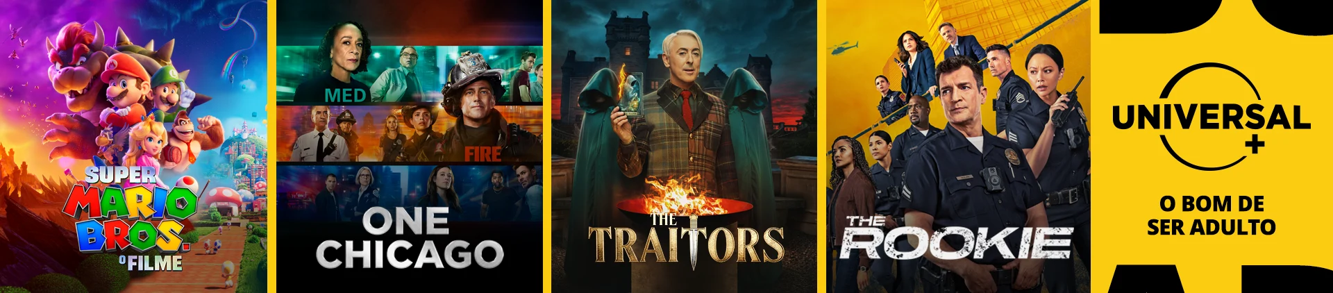 Imagem capas lado a lado de filmes e séries do catálogo da Universal Plus.