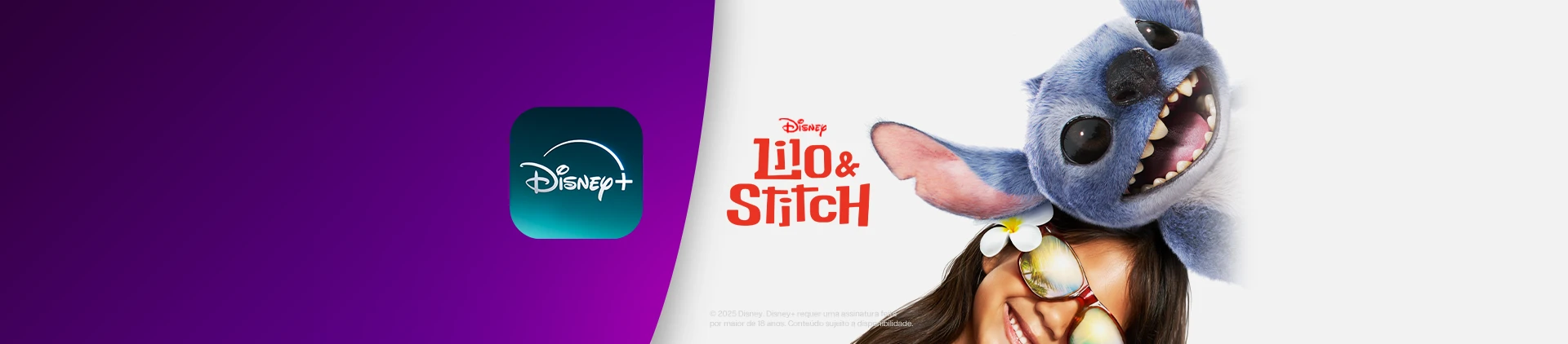 Imagem com personagens Lilo e Stitch lado a lado sorrindo, ao lado logo Disney Plus