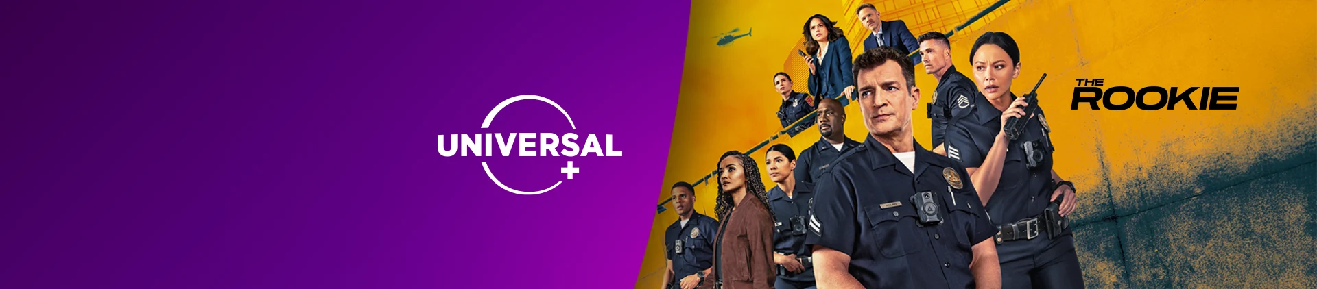 Elenco da série The Rookie em banner promocional do Universal+.