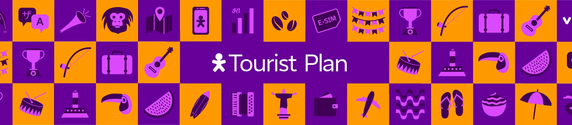 Imagem com vários ícones ilustrados representando o Brasil, no cetro o logo "Tourist Plan"