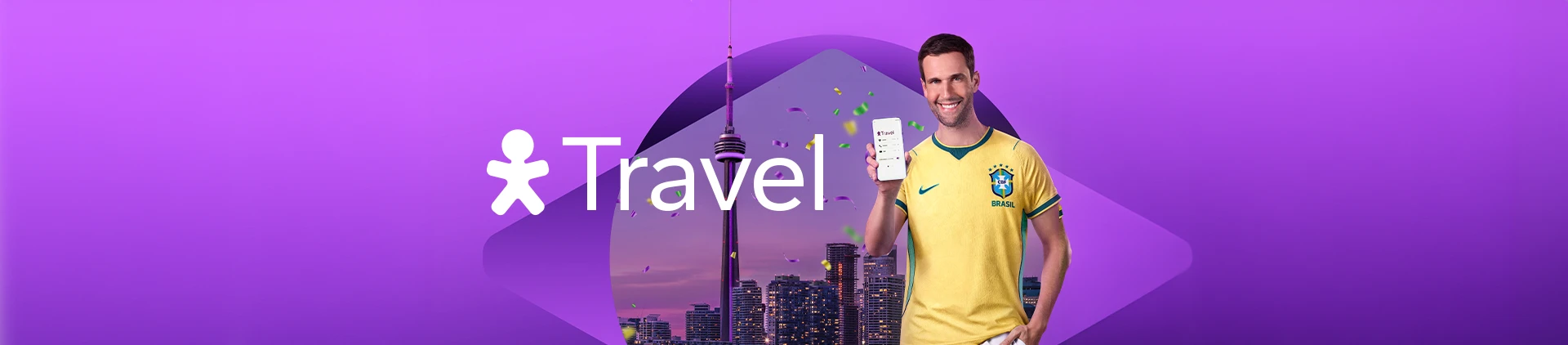Imagem com Pedro Andrade e ao fundo paisagem de Toronto com logo Vivo Travel.
