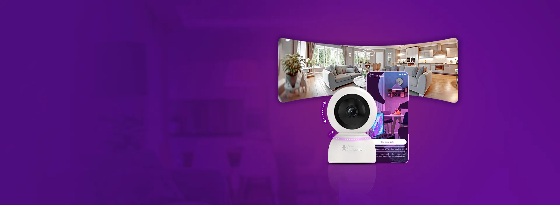 Imagem de uma câmera, ao lado um print do app Casa Inteligente e uma imagem panorâmica de uma casa.