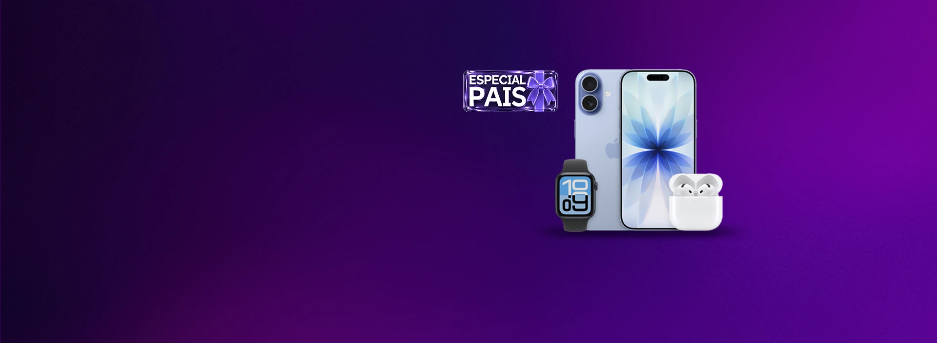 iPhone 17 na cor azul com Apple Watch e AirPods. Lê-se: Especial Pais.