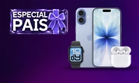 iPhone 17 na cor azul com Apple Watch e AirPods. Lê-se: Especial Pais.