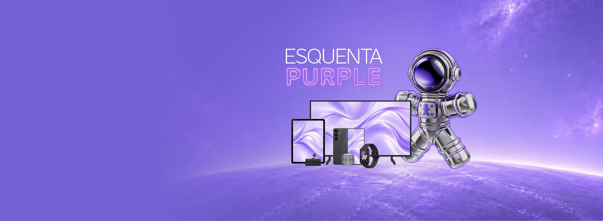 Banner Esquenta Purple com TV, smartphone, smartwatch e fones de ouvido.