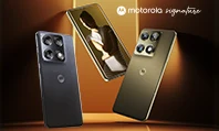 Três celulares Motorola flutuando num feixe de luz no escuro, exibindo tela e câmeras traseiras.