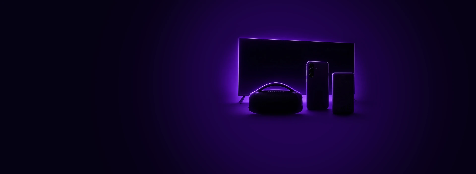 Produtos com sombra preta por cima e contorno iluminado em roxo.