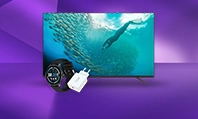 Imagem com televisão, smartwatch e carregador de celular.
