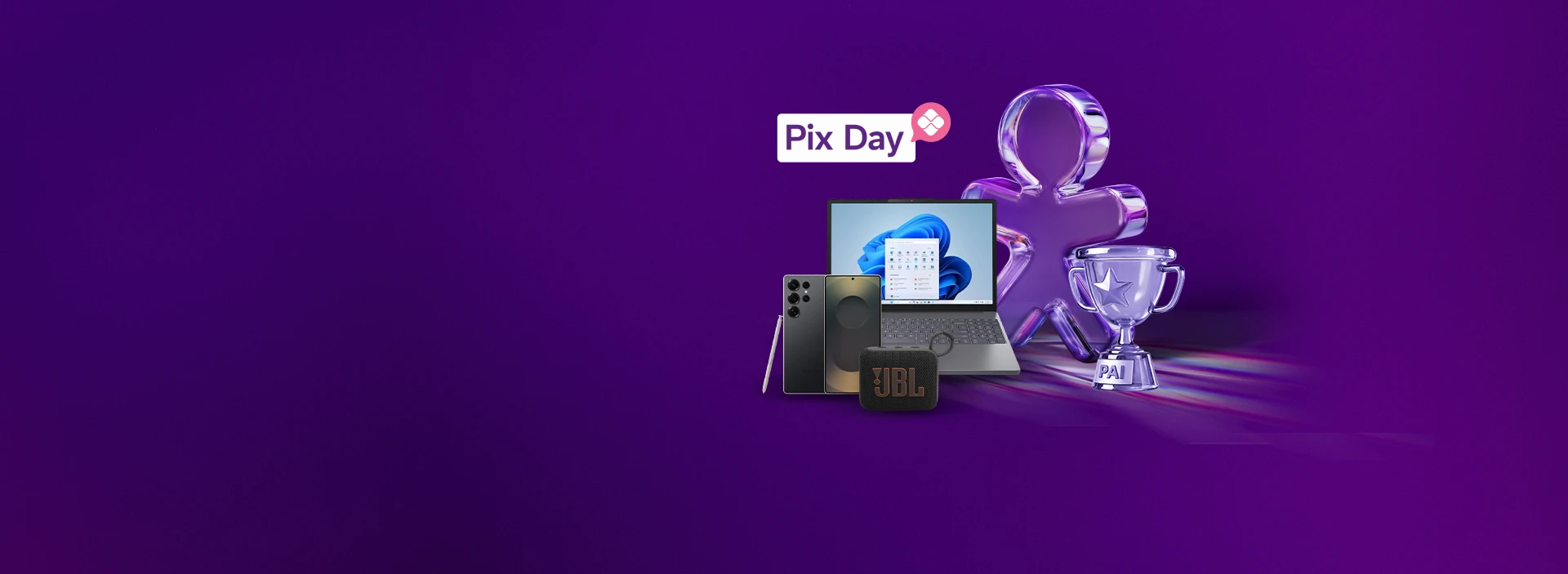 Conjunto de produtos em desconto com Vivinho e troféu escrito Pai, lê-se: Pix Day.