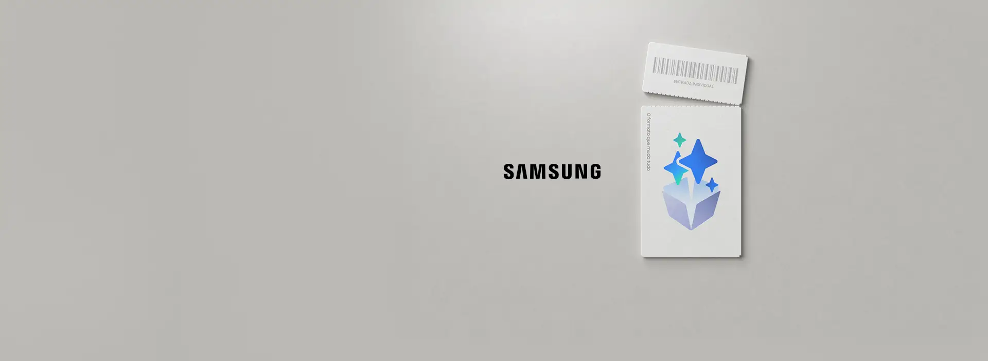 Um ticket rasgado com um desenho de uma caixa com estrelas saindo em um fundo cinza. Logo Samsung.