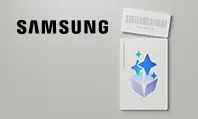 Um ticket rasgado com um desenho de uma caixa com estrelas saindo em um fundo cinza. Logo Samsung.
