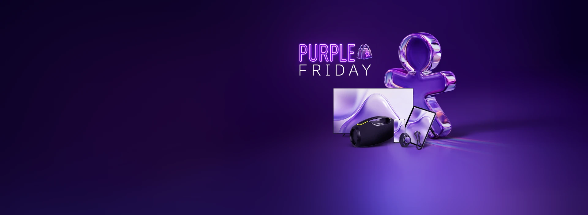 Imagem com fundo escuro, vivinho em vidro e seleção de produtos em oferta, lê-se "Purple Friday"