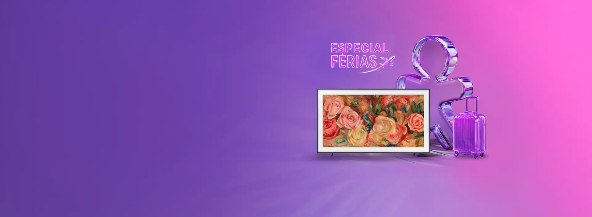 Uma TV, Vivinho espelhado com uma mala atrás um fundo em degradê em roxo e rosa.