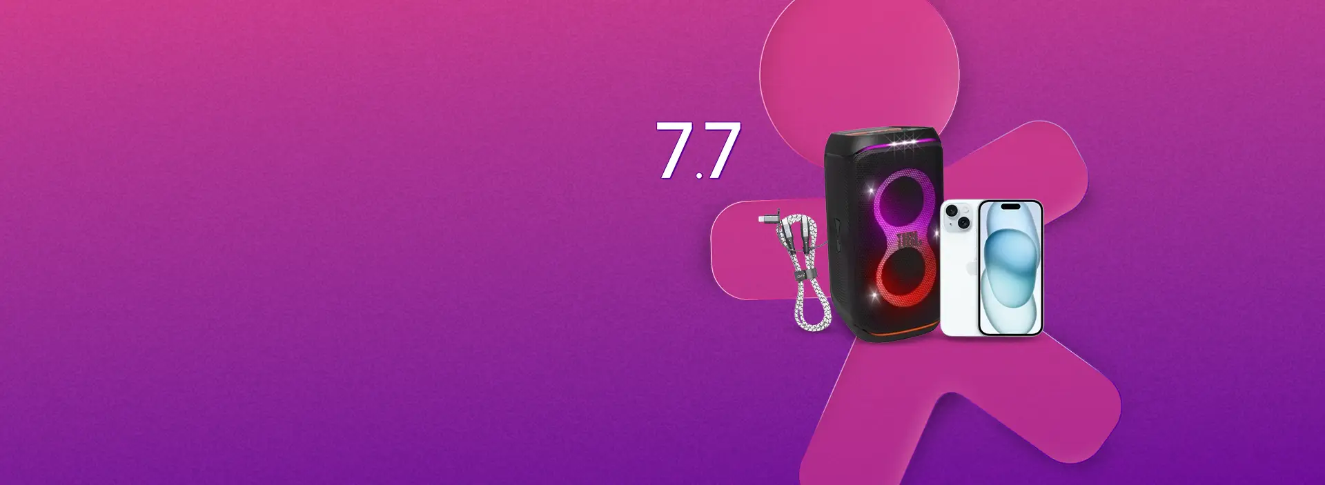 Uma caixa de som JBL, um celular iphone e um cabo i2GO no Vivinho de fundo rosa com degradê roxo.