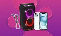 Uma caixa de som JBL, um celular iphone e um cabo i2GO no Vivinho de fundo rosa com degradê roxo.