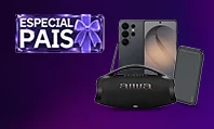 Composição de produtos, um celular, uma caixa de som e um power bank em um fundo roxo.
