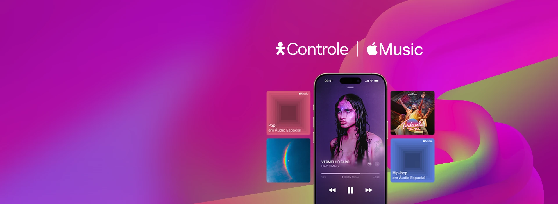Imagem com tela de celular, capas de álbuns nas laterais., com logos Vivo Controle e Apple Music.