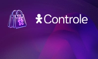 Imagem com fundo escuro com logo Vivo Controle e sacolinha de compras Purple Friday