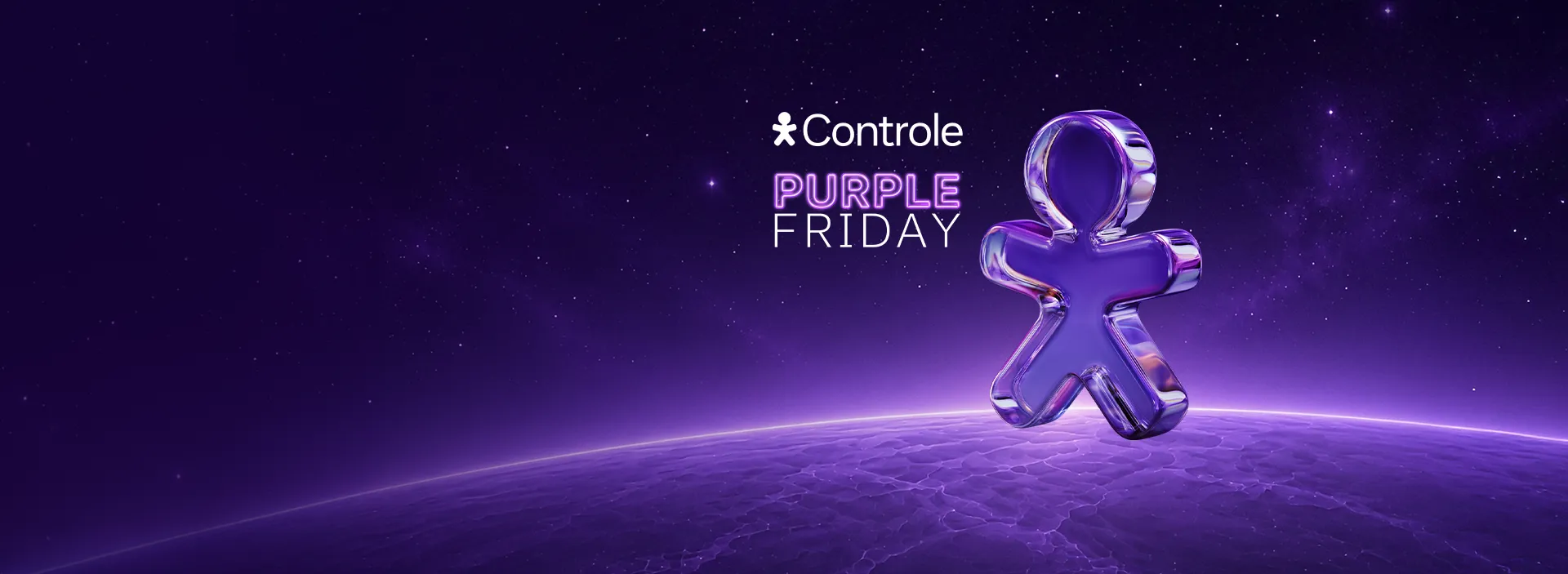 Banner Controle Purple Friday com personagem Vivo sobre fundo espacial roxo.