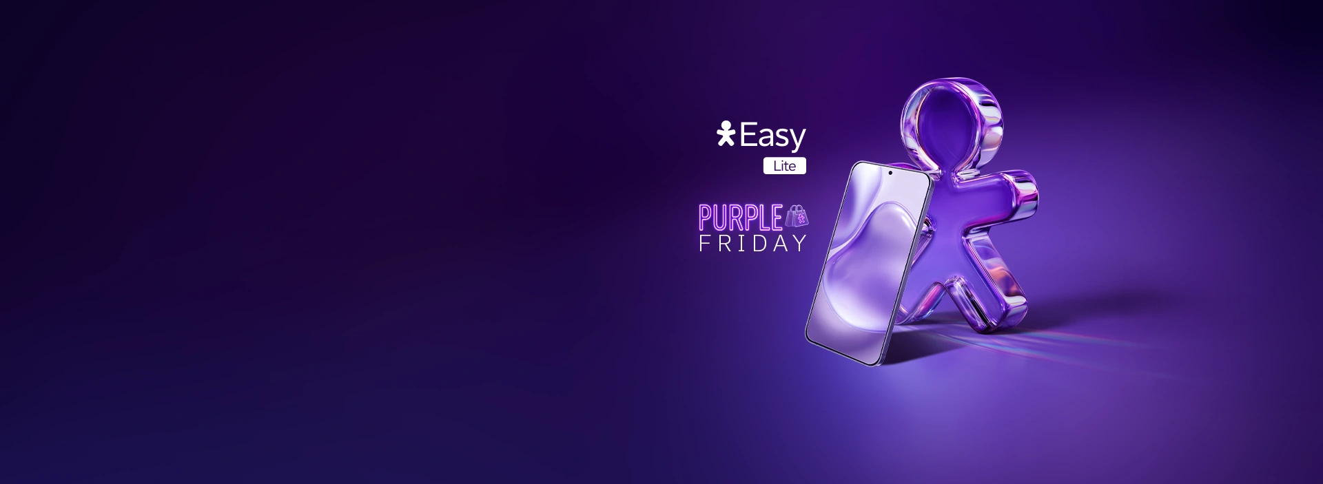 Imagem com vivinho em vidro e celular apoiado nele, ao lado logo Vivo Easy Lite e Purple Friday